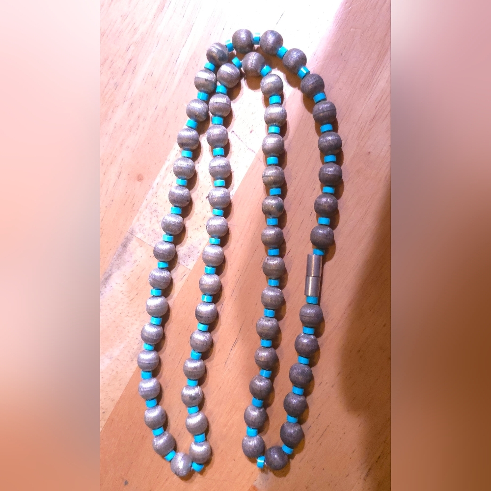 Vintage Mexico JH Sterling Silver Bead Necklace Turquoise Spacer 32” Eagle Mark